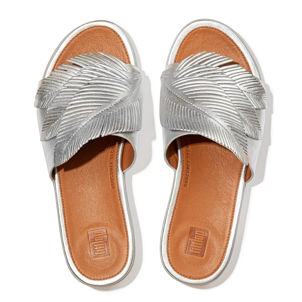 Fitflop Womens Slides Silver - Sola Feather Metallic Leather - 42MUOBFVL